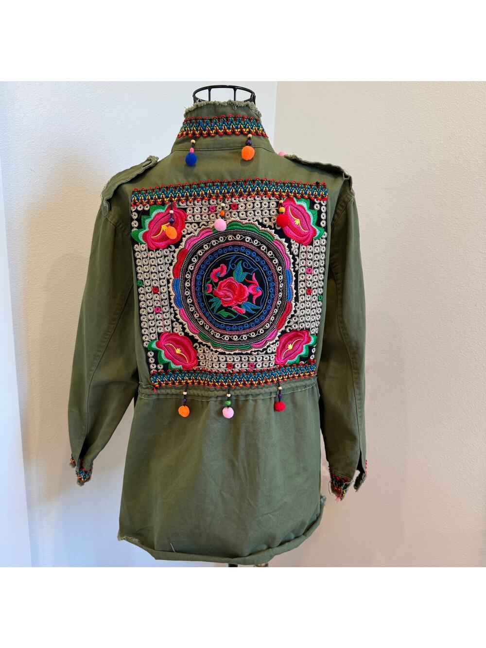 Boutique Embroidered Boho Green Utility Military Jacket S/M